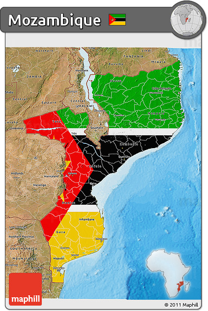 Flag 3D Map of Mozambique, satellite outside, bathymetry sea
