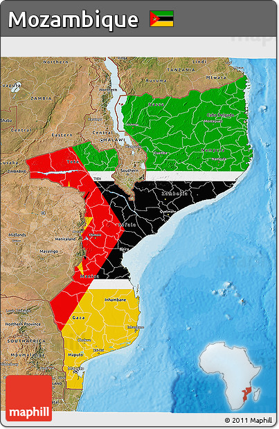 Flag 3D Map of Mozambique, satellite outside, bathymetry sea