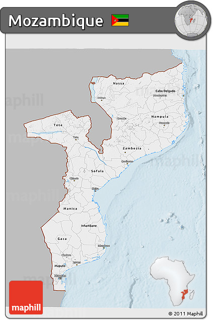 Gray 3D Map of Mozambique, single color outside