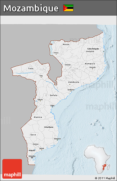 Gray 3D Map of Mozambique, single color outside