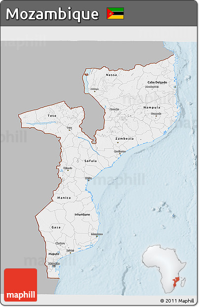 Gray 3D Map of Mozambique, single color outside