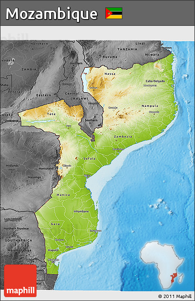 Physical 3D Map of Mozambique, darken, desaturated, land only