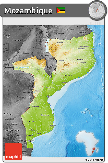 Physical 3D Map of Mozambique, darken, desaturated, land only
