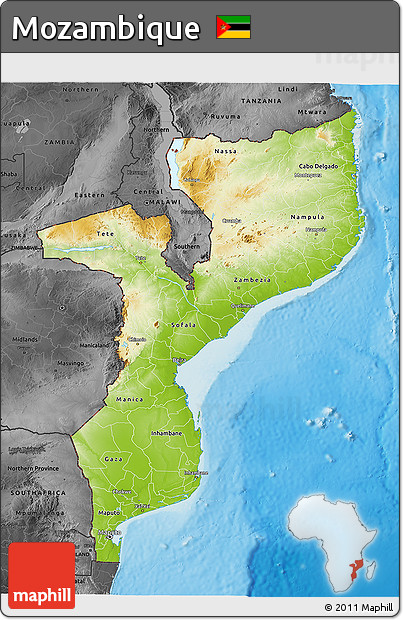 Physical 3D Map of Mozambique, darken, desaturated, land only
