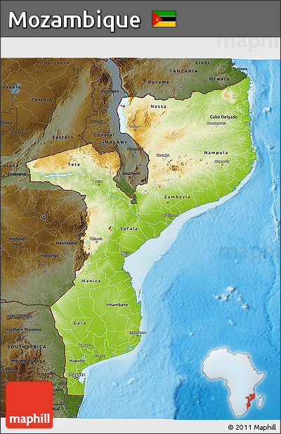 Physical 3D Map of Mozambique, darken, land only