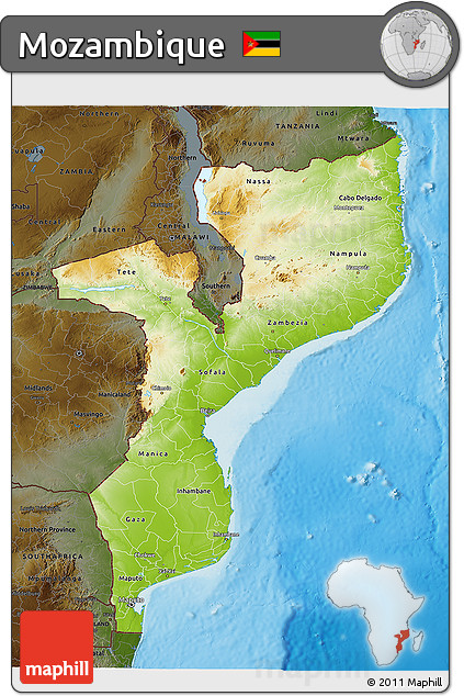 Physical 3D Map of Mozambique, darken, land only