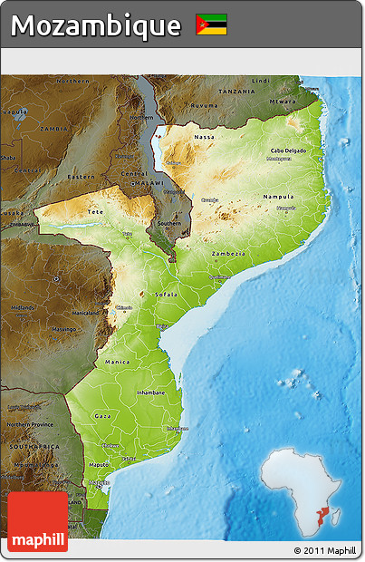 Physical 3D Map of Mozambique, darken, land only