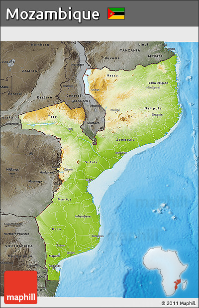 Physical 3D Map of Mozambique, darken, semi-desaturated, land only
