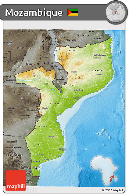 Physical 3D Map of Mozambique, darken, semi-desaturated, land only