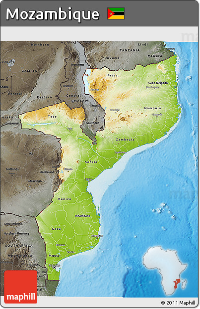 Physical 3D Map of Mozambique, darken, semi-desaturated, land only