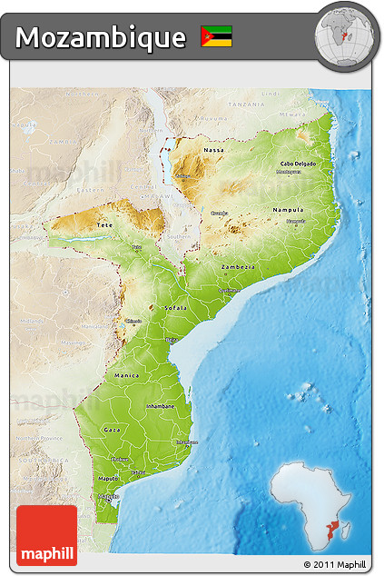 Physical 3D Map of Mozambique, lighten, land only