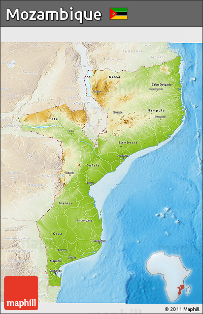Physical 3D Map of Mozambique, lighten, land only