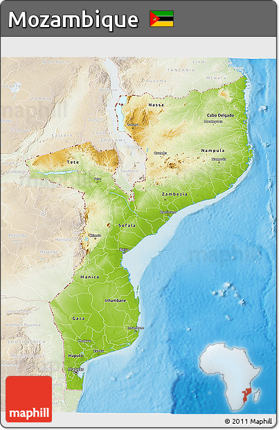 Physical 3D Map of Mozambique, lighten, land only