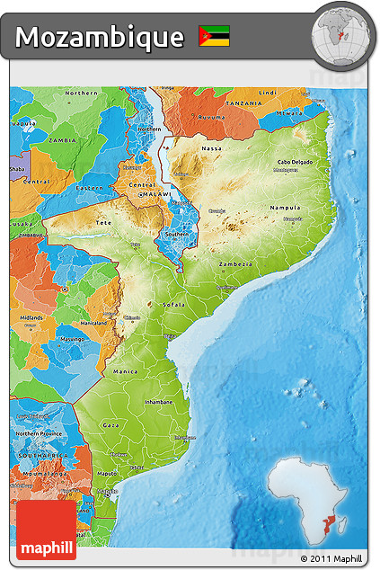 Physical 3D Map of Mozambique, political outside
