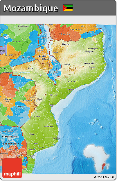 Physical 3D Map of Mozambique, political outside