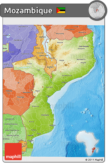 Physical 3D Map of Mozambique, political shades outside