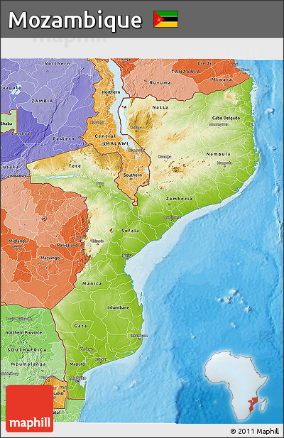 Physical 3D Map of Mozambique, political shades outside