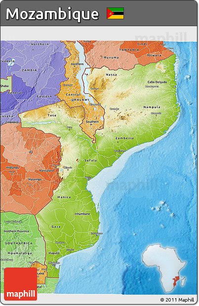 Physical 3D Map of Mozambique, political shades outside