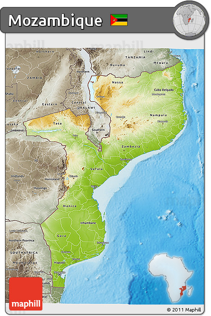 Physical 3D Map of Mozambique, semi-desaturated, land only