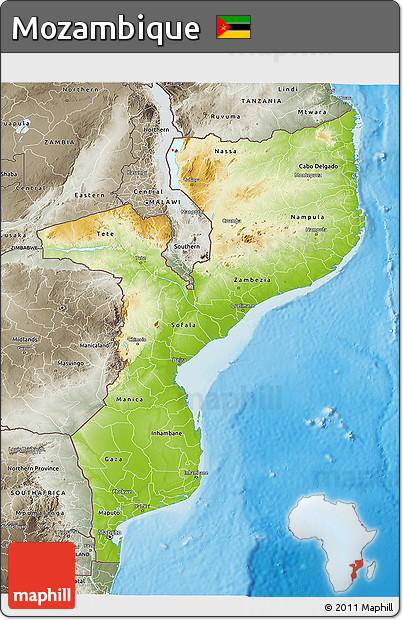 Physical 3D Map of Mozambique, semi-desaturated, land only