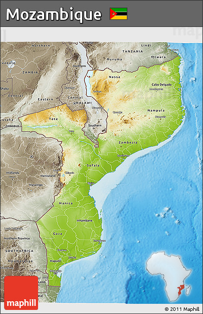 Physical 3D Map of Mozambique, semi-desaturated, land only