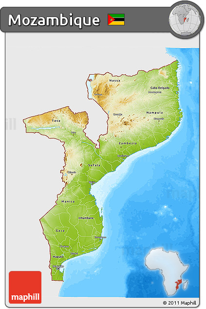 Physical 3D Map of Mozambique, single color outside, bathymetry sea