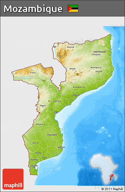 Physical 3D Map of Mozambique, single color outside, bathymetry sea