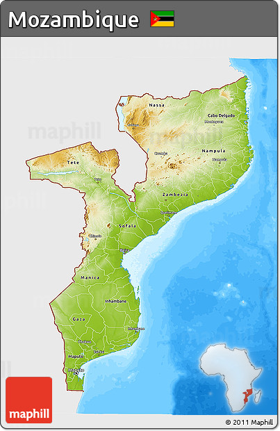 Physical 3D Map of Mozambique, single color outside, bathymetry sea