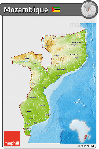 Physical 3D Map of Mozambique, single color outside, bathymetry sea, shaded relief sea