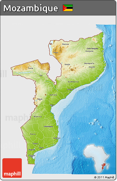 Physical 3D Map of Mozambique, single color outside, bathymetry sea, shaded relief sea