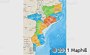 Political 3D Map of Mozambique, shaded relief outside, bathymetry sea