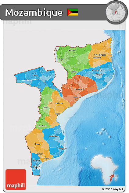 Political 3D Map of Mozambique, single color outside, shaded relief sea