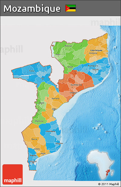 Political 3D Map of Mozambique, single color outside, shaded relief sea