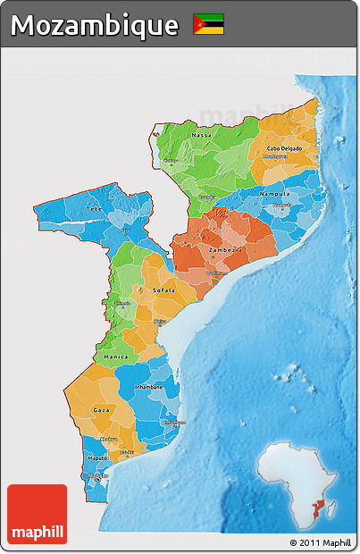 Political 3D Map of Mozambique, single color outside, shaded relief sea