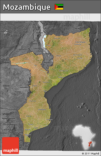 Satellite 3D Map of Mozambique, darken, desaturated