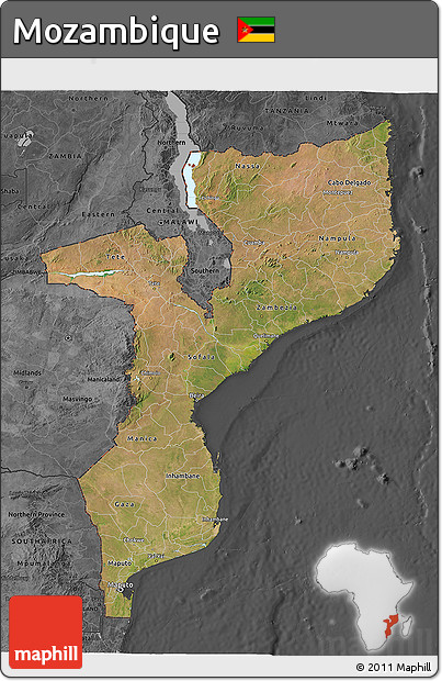Satellite 3D Map of Mozambique, darken, desaturated