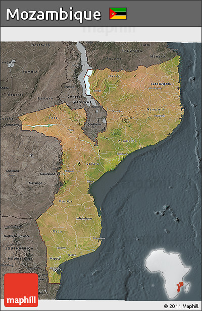 Satellite 3D Map of Mozambique, darken, semi-desaturated