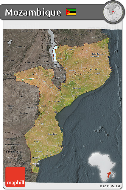 Satellite 3D Map of Mozambique, darken, semi-desaturated
