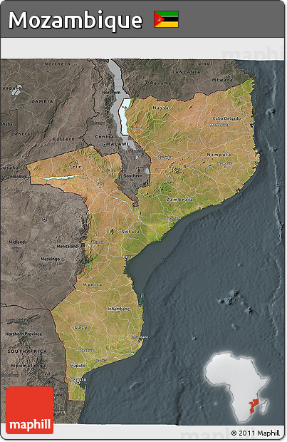 Satellite 3D Map of Mozambique, darken, semi-desaturated
