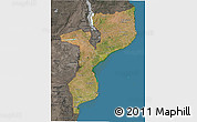 Satellite 3D Map of Mozambique, darken, semi-desaturated, land only