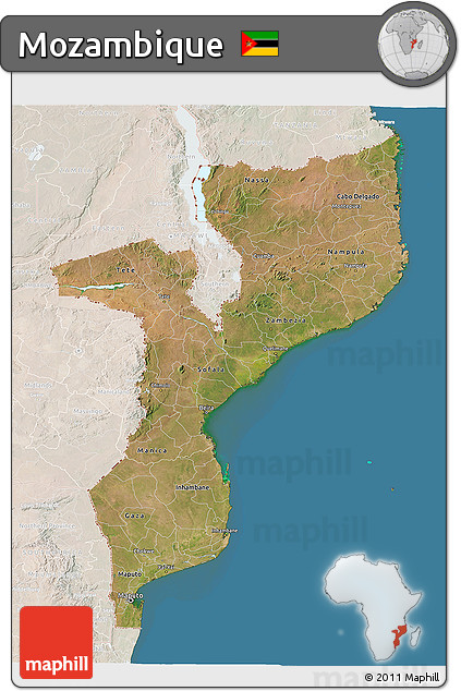 Satellite 3D Map of Mozambique, lighten, land only