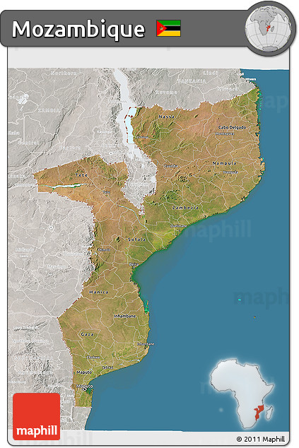 Satellite 3D Map of Mozambique, lighten, semi-desaturated, land only
