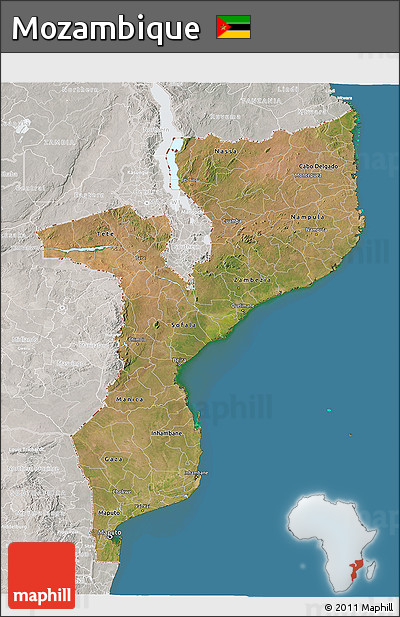 Satellite 3D Map of Mozambique, lighten, semi-desaturated, land only
