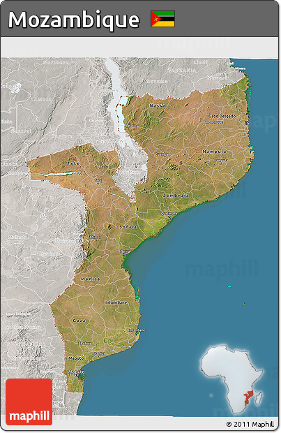 Satellite 3D Map of Mozambique, lighten, semi-desaturated, land only
