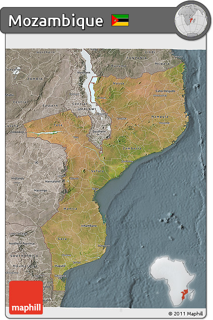 Satellite 3D Map of Mozambique, semi-desaturated