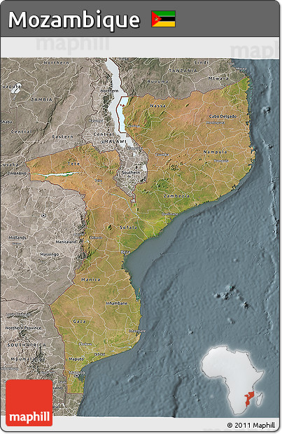 Satellite 3D Map of Mozambique, semi-desaturated