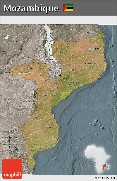 Satellite 3D Map of Mozambique, semi-desaturated