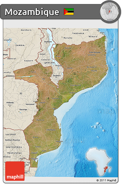 Satellite 3D Map of Mozambique, shaded relief outside