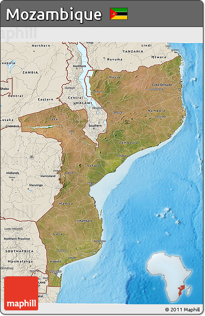 Satellite 3D Map of Mozambique, shaded relief outside