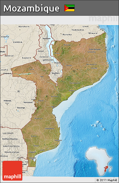 Satellite 3D Map of Mozambique, shaded relief outside